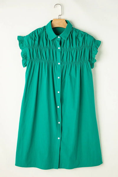 Green Ruffled Flounce Sleeve Dress