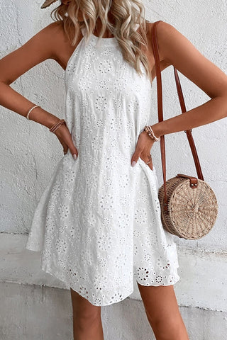 Eyelet Grecian Neck Mini Dress