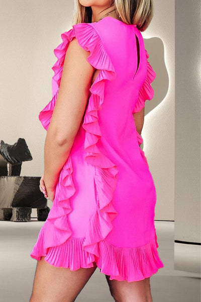 Bright Pink Ruffled Cap Sleeve Mini Dress