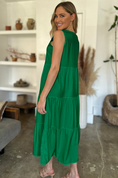 Green V-Neck Tiered Midi Dress