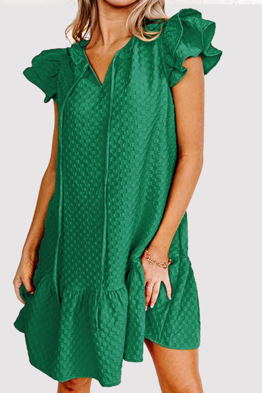 Green Ruffled Tie Neck Cap Sleeve Dress