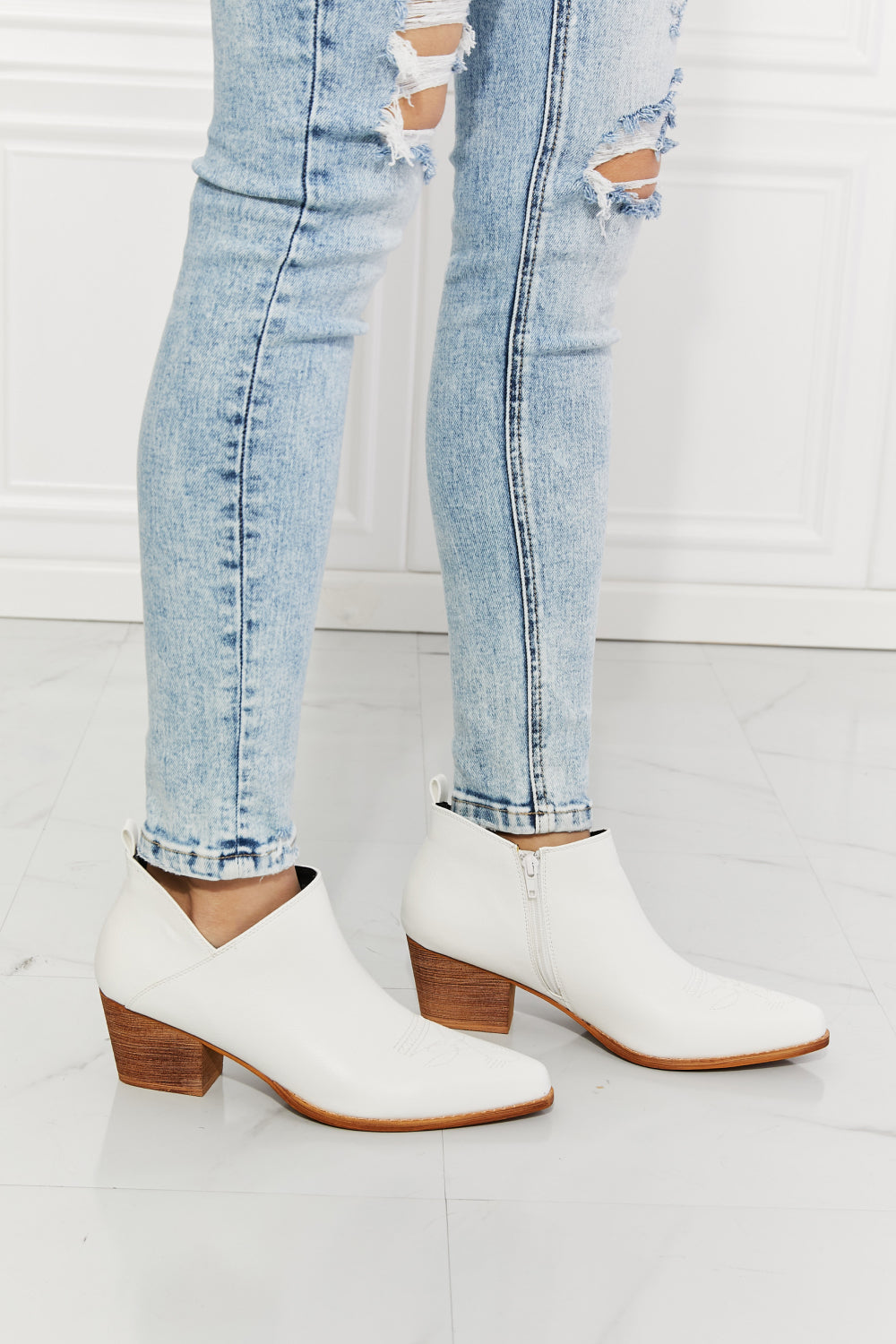 White Embroidered Crossover Cowboy Bootie