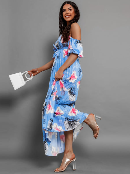 Pleated Floral Off-Shoulder Midi Dress