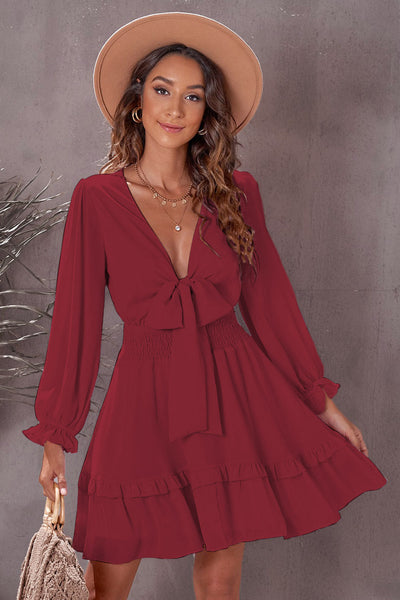 Tied Plunge Smocked Waist Dress