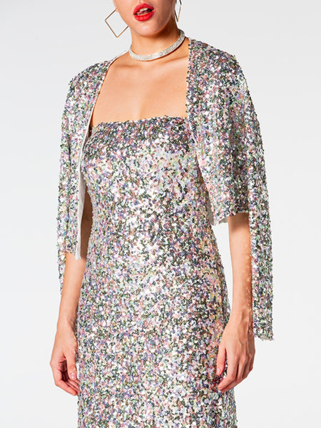 Silver Sequins Cardigan and Midi Dress Set