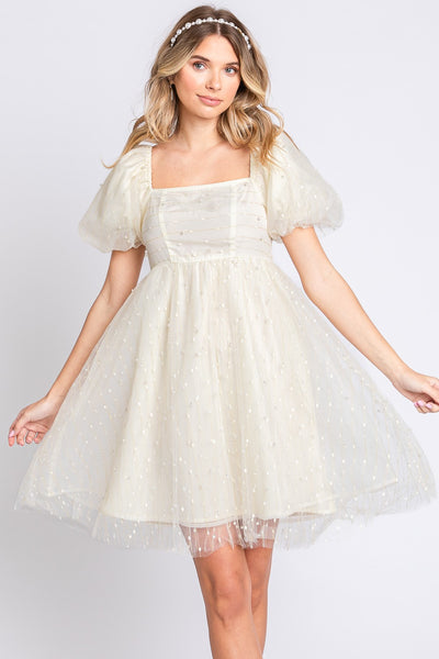 Pearl Puff Sleeve Babydoll Dress