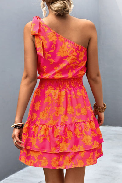 Floral One Shoulder Smocked Dress