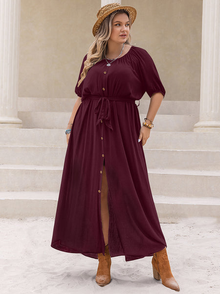 Button Down Round Neck Maxi Dress+