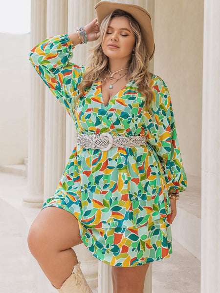 Green Floral Surplice Long Sleeve Mini Dress+