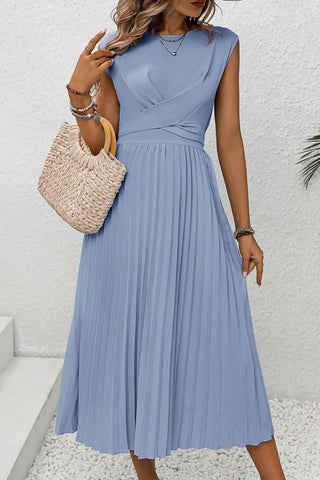 Light Blue Pleated Cap Sleeve Dress