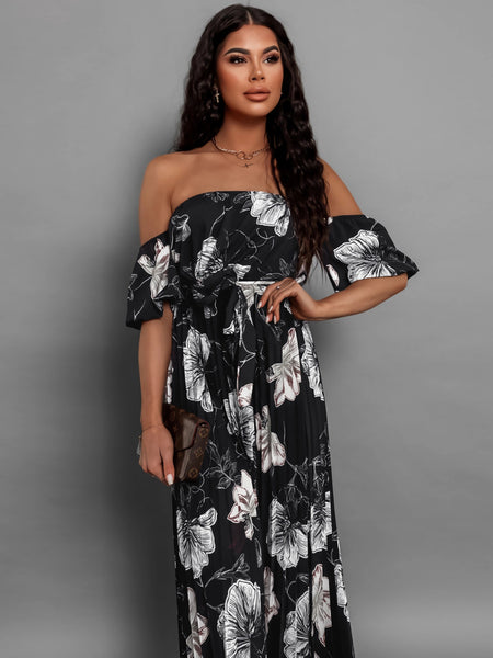 Pleated Floral Off-Shoulder Midi Dress