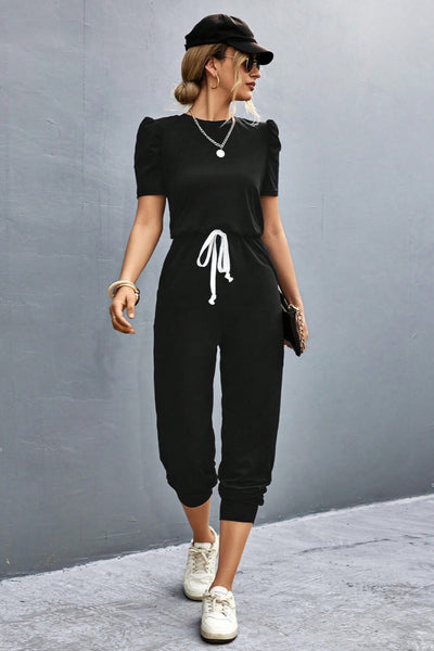 Round Neck Short Sleeve Drawstring Jumpsuit