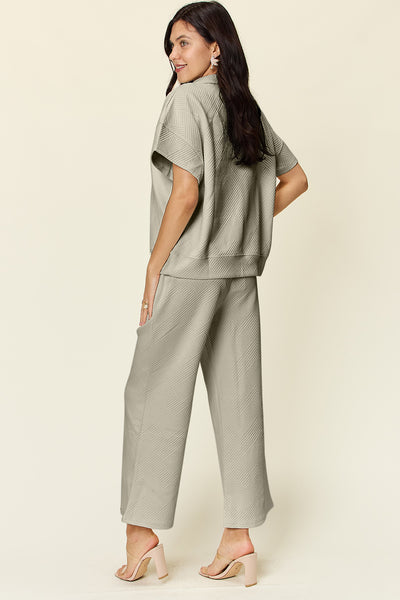 Two-Piece Textured Half Zip Top and Pants Set+