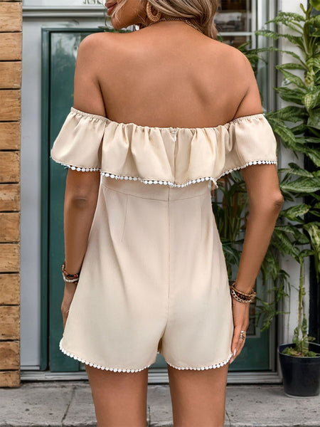 Tied Ruffled Off-Shoulder Pompom Romper