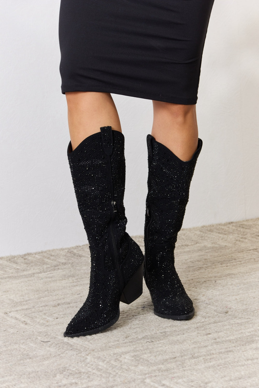 Black Rhinestone Knee High Cowboy Boots