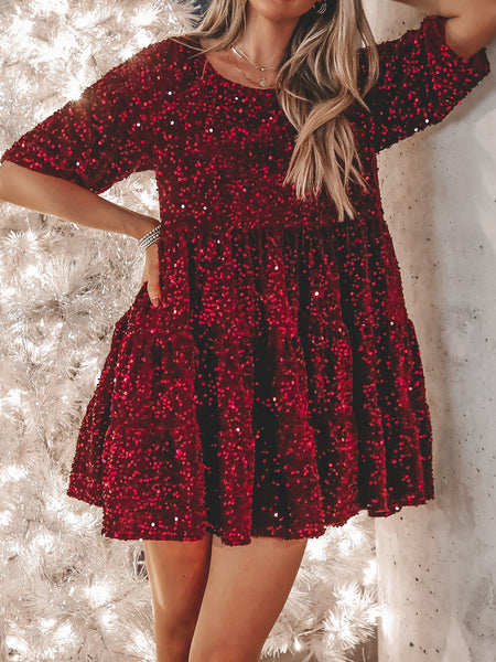 Sequin Half Sleeve Babydoll Dress