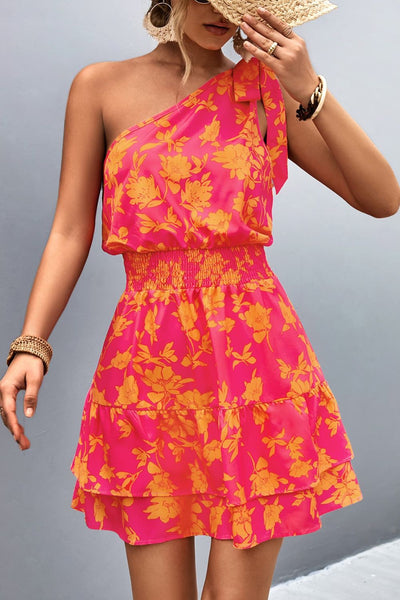 Floral One Shoulder Smocked Dress