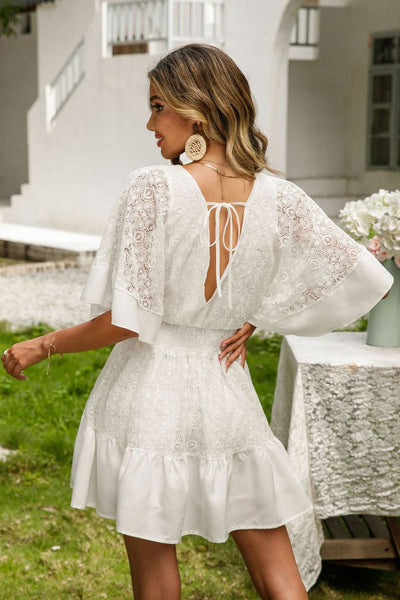 White Lace Surplice Button Down Dress