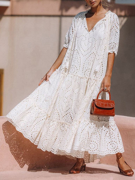 Ivory Lace Tie Neck Tiered Dress