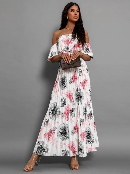 Pleated Floral Off-Shoulder Midi Dress