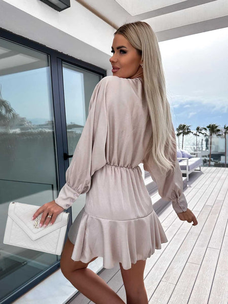 Satin Long Sleeve Lantern Sleeve Mini Dress