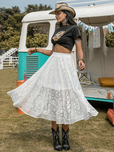 White Lace Embroidered Midi Skirt