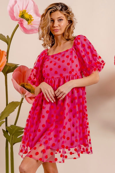 Hot Pink Polka Dot Puff Sleeve Dress