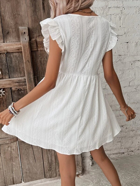 White Eyelet Ruffled Cap Sleeve Dress