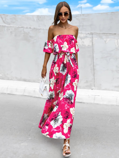 Pleated Floral Off-Shoulder Midi Dress