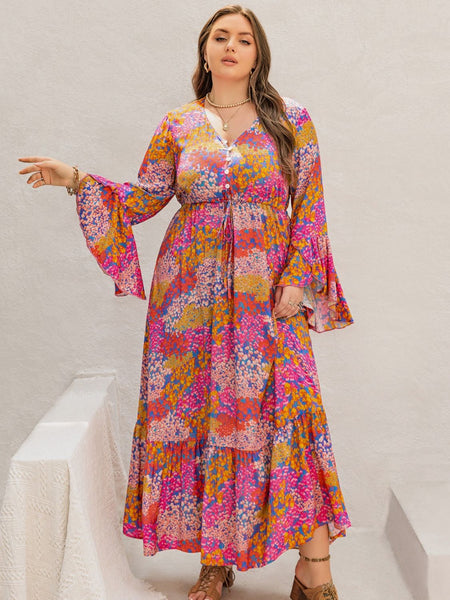 Floral V-Neck Long Sleeve Maxi Dress+