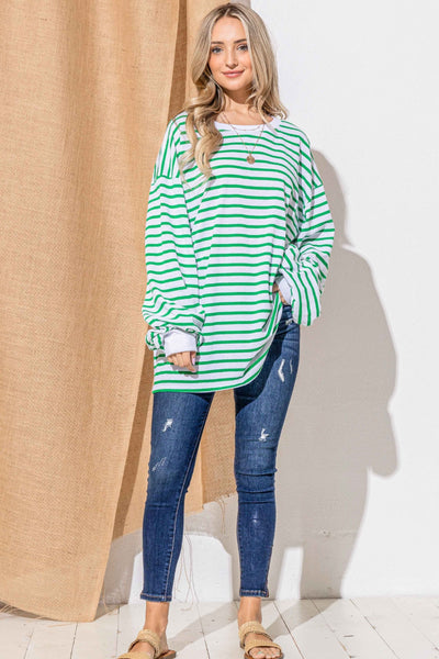 Green Striped Oversized Long Sleeve Top