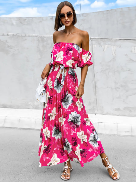 Pleated Floral Off-Shoulder Midi Dress