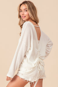 White Waffled Backless Drawstring Long Sleeve Top