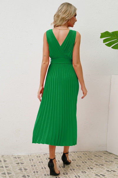 Pleated Surplice Belted Midi Dress