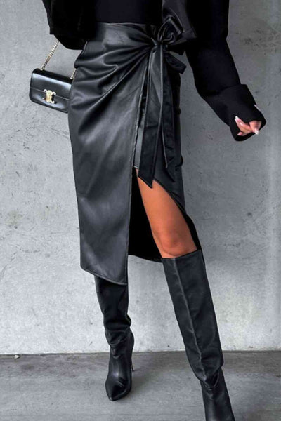 Vegan Leather High Waisted Tie Skirt