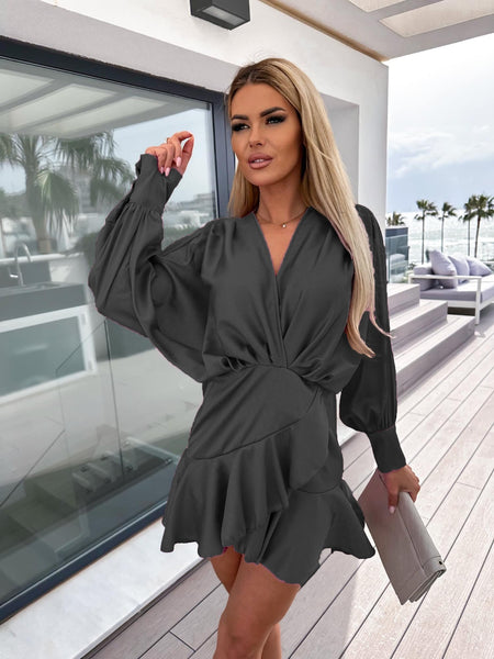 Satin Long Sleeve Lantern Sleeve Mini Dress