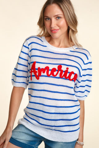 America Embroidered Striped Knit Top