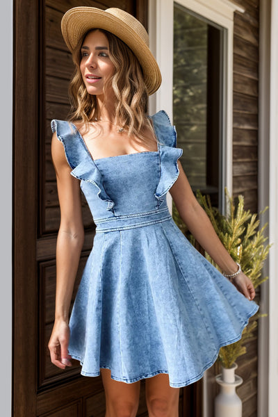 Ruffled Square Neck Denim Dress