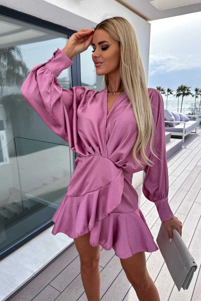 Satin Long Sleeve Lantern Sleeve Mini Dress