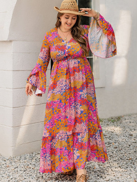 Floral V-Neck Long Sleeve Maxi Dress+