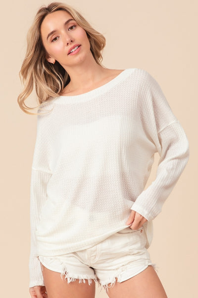 White Waffled Backless Drawstring Long Sleeve Top