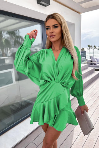 Satin Long Sleeve Lantern Sleeve Mini Dress