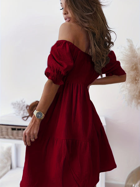 Ruffled Off-Shoulder Short Sleeve Dress+