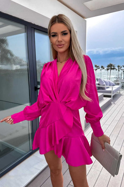 Satin Long Sleeve Lantern Sleeve Mini Dress