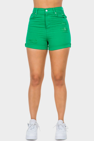 Kelly Green High Waist Distressed Denim Shorts