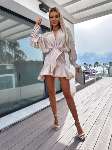 Satin Long Sleeve Lantern Sleeve Mini Dress