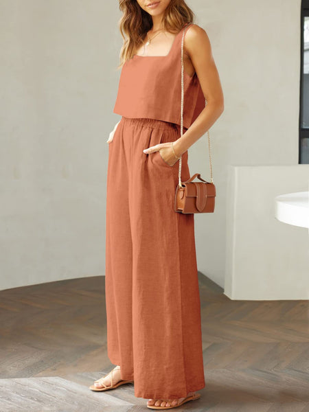 Square Neck Top and Wide Leg Pants Set