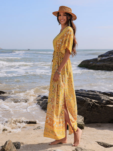 Floral Drawstring Half Sleeve Long Dress