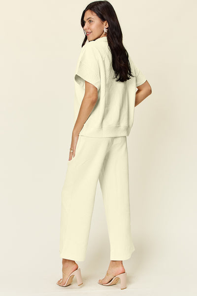 Two-Piece Textured Half Zip Top and Pants Set+