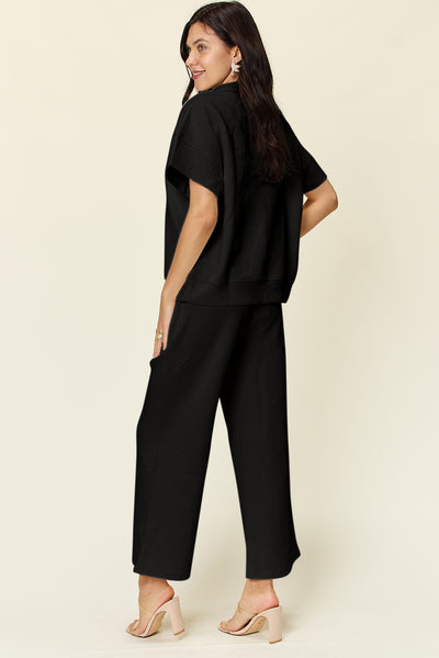 Two-Piece Textured Half Zip Top and Pants Set+